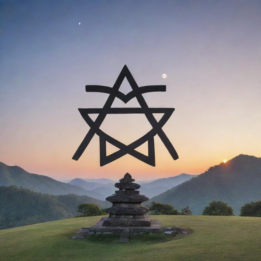 A serene landscape at dawn with a variety of religious symbols harmoniously coexisting: a cross, star of David, crescent moon, dharma wheel, and a yin yang symbol.