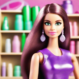 A Barbie character named Eleonora, who is white with a tan, has big upturned green eyes, a small mole on her cheek, and long straight brunette hair