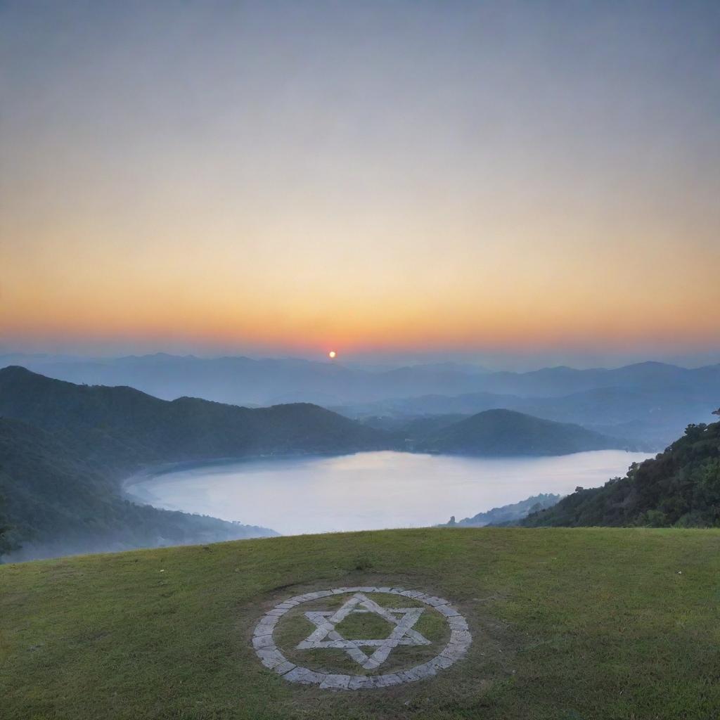 A serene landscape at dawn with a variety of religious symbols harmoniously coexisting: a cross, star of David, crescent moon, dharma wheel, and a yin yang symbol.