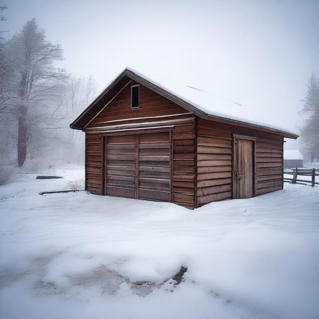 Create an image depicting a snow storm in Wyoming, focusing on an abandoned garage