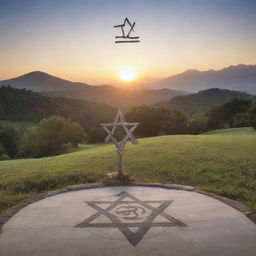 A serene landscape at dawn with a variety of religious symbols harmoniously coexisting: a cross, star of David, crescent moon, dharma wheel, and a yin yang symbol.