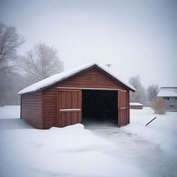 Create an image depicting a snow storm in Wyoming, focusing on an abandoned garage