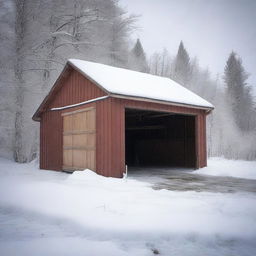 Create an image depicting a snow storm in Wyoming, focusing on an abandoned garage