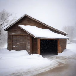 Create an image depicting a snow storm in Wyoming, focusing on an abandoned garage