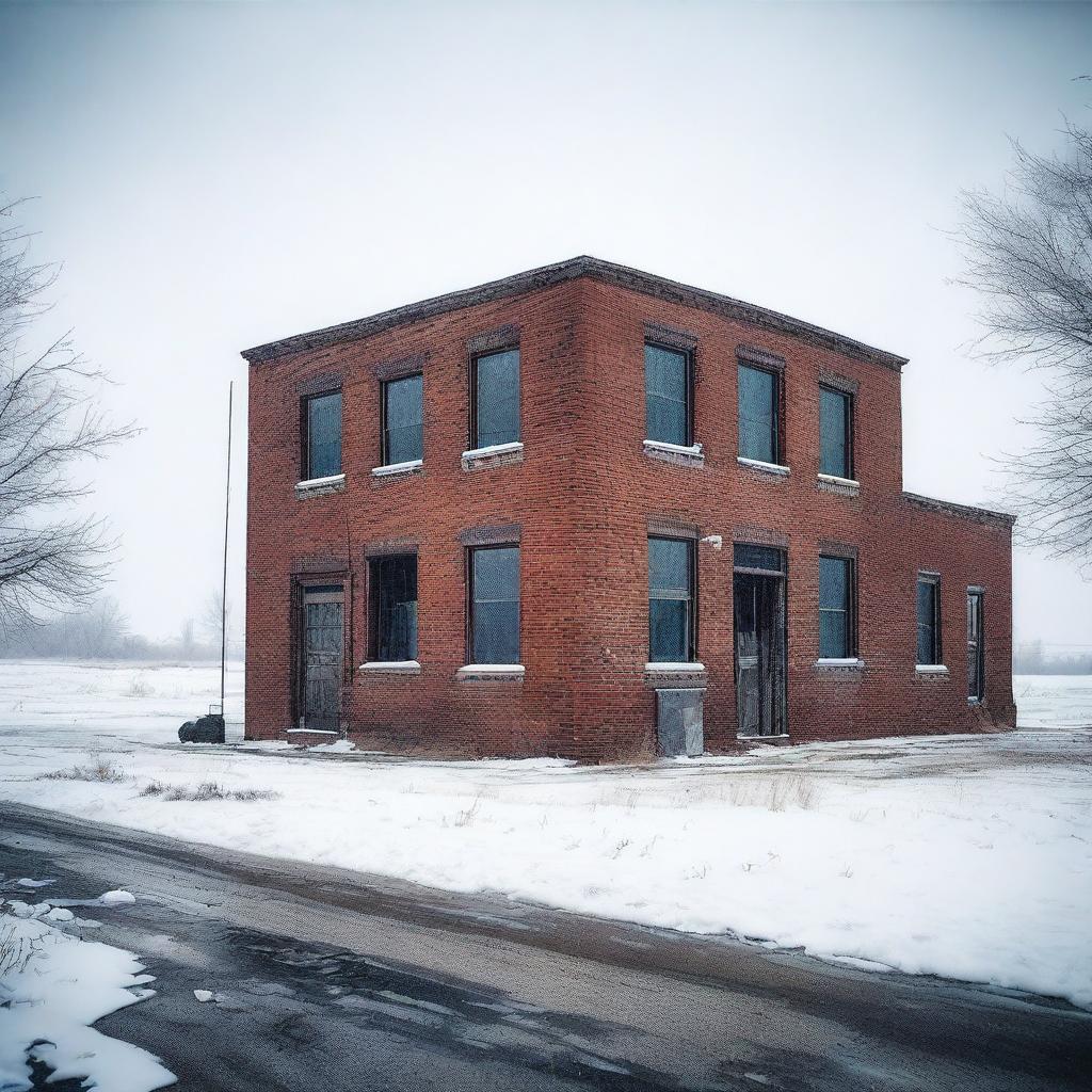 Create an image set in Wyoming during a snow storm, featuring an abandoned industrial building