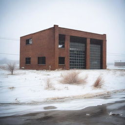 Create an image set in Wyoming during a snow storm, featuring an abandoned industrial building