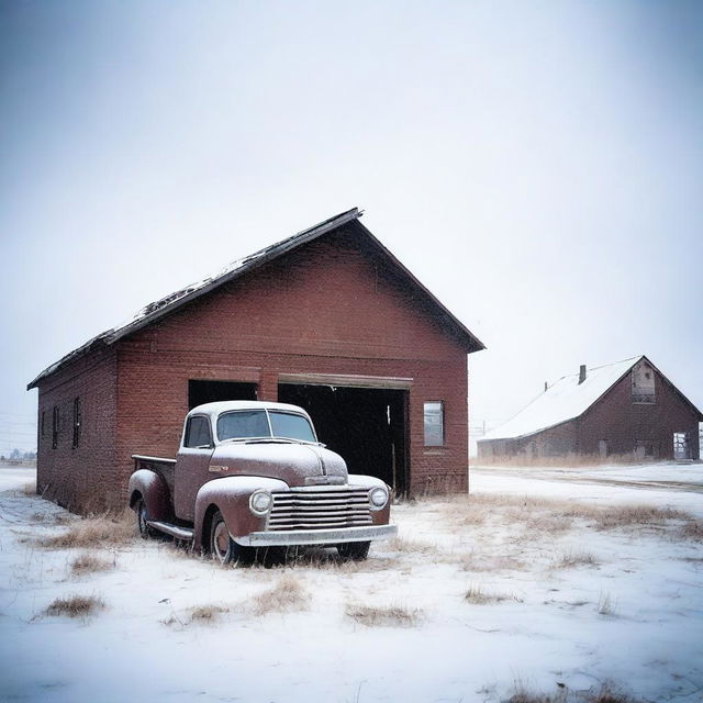 Create an image set in Wyoming during a snow storm, featuring an abandoned industrial building