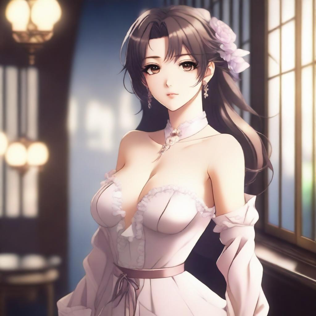 A beautiful anime-style woman with alluring features, wearing a stylish and slightly revealing outfit