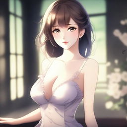 A beautiful anime-style woman with alluring features, wearing a stylish and slightly revealing outfit