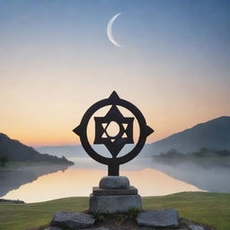 A serene landscape at dawn with a variety of religious symbols harmoniously coexisting: a cross, star of David, crescent moon, dharma wheel, and a yin yang symbol.