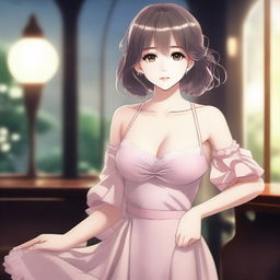 A beautiful anime-style woman with alluring features, wearing a stylish and slightly revealing outfit