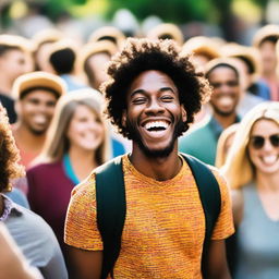 A joyful young man, confidently expressing his identity in a vibrant public setting