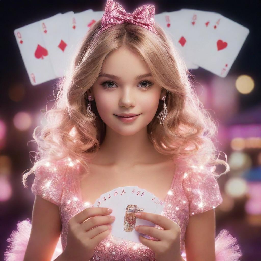 A glowing illustration of a young girl holding playing cards embellished with the word 'Barbie', with the shimmering lights and bustling activity of a casino in the background.