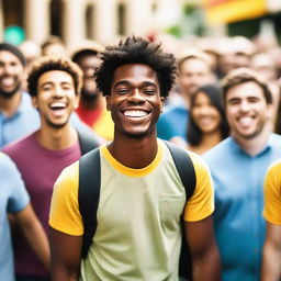 A joyful young man, confidently expressing his identity in a vibrant public setting