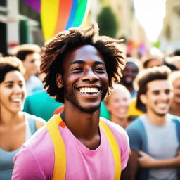 A joyful young man, confidently expressing his identity in a vibrant public setting