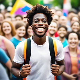 A joyful young man, confidently expressing his identity in a vibrant public setting