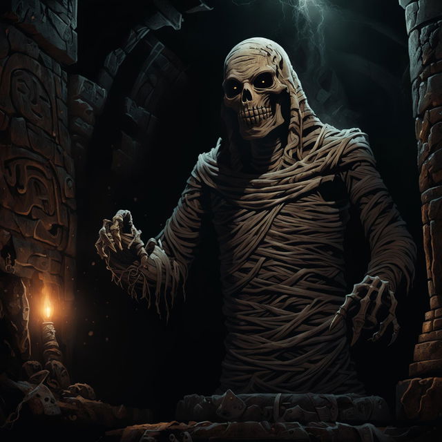 An undead mummy awakens in a dark, eerie tomb filled with ancient artifacts and mystical symbols