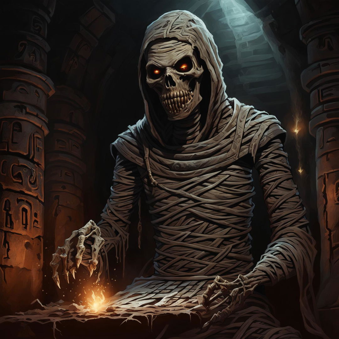 A high-quality image of an undead mummy in a dark, ancient tomb, depicted in the detailed and immersive Dungeons and Dragons art style