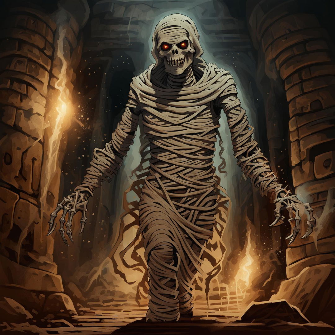 A high-quality image of an undead mummy walking in a dark, ancient tomb, depicted in the detailed and immersive Dungeons and Dragons art style