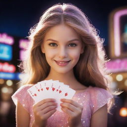 A glowing illustration of a young girl holding playing cards embellished with the word 'Barbie', with the shimmering lights and bustling activity of a casino in the background.