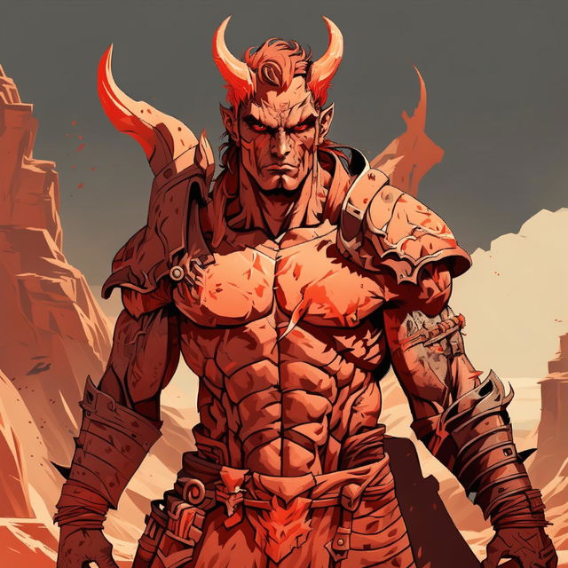 A high-quality image of a male tiefling fighter in a desert setting with half of his face burnt