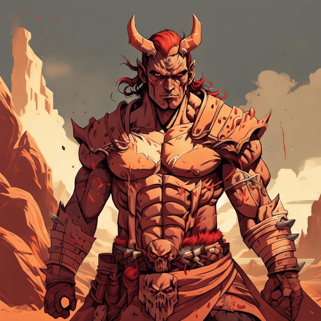 A high-quality image of a male tiefling fighter in a desert setting with half of his face burnt