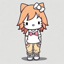 Create an image of Hello Kitty wearing baggy pants and a skinny top, with ginger hair