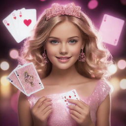 A glowing illustration of a young girl holding playing cards embellished with the word 'Barbie', with the shimmering lights and bustling activity of a casino in the background.