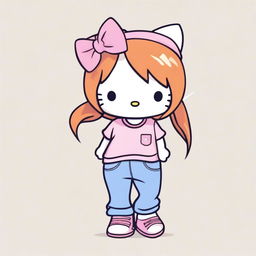 Create an image of Hello Kitty wearing baggy pants and a skinny top, with ginger hair