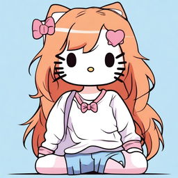 Create an image of Hello Kitty wearing baggy pants and a skinny top, with ginger hair