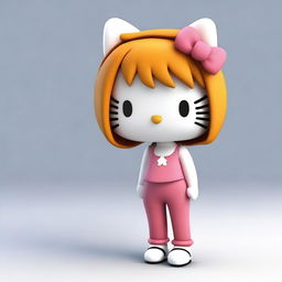 Create a 3D image of Hello Kitty wearing baggy pants and a short skinny top, with ginger hair