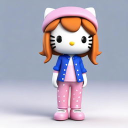 Create a 3D image of Hello Kitty wearing baggy pants and a short skinny top, with ginger hair