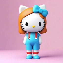 Create a 3D image of Hello Kitty wearing baggy pants and a short skinny top, with ginger hair