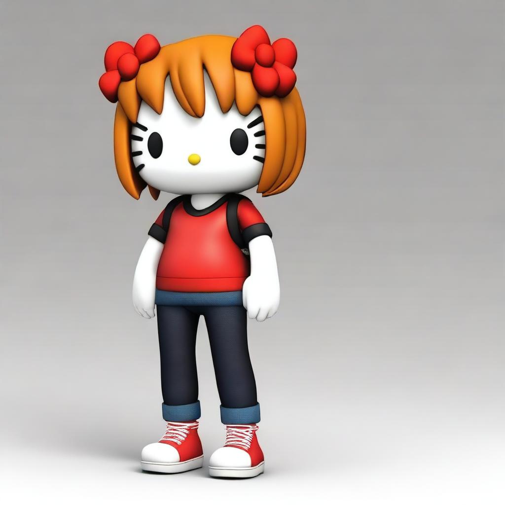 Create a 3D image of Hello Kitty wearing baggy jeans-colored pants and a short black skinny top, with ginger hair that is a little long