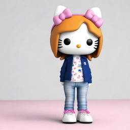 Create a 3D image of Hello Kitty wearing baggy jeans-colored pants and a short black skinny top, with ginger hair that is a little long