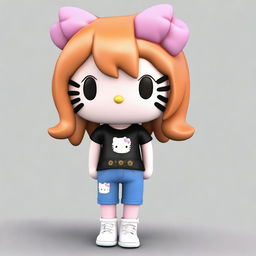 Create a 3D image of Hello Kitty wearing baggy jeans-colored pants and a short black skinny top, with ginger hair that is a little long