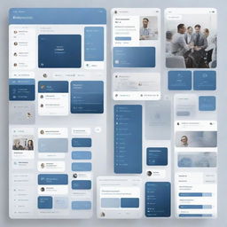 Create a professional moodboard for a corporate group chat website, utilizing a color palette of various blue shades, grey, and white. Include sleek interface designs, corporate icons and appropriate typography.