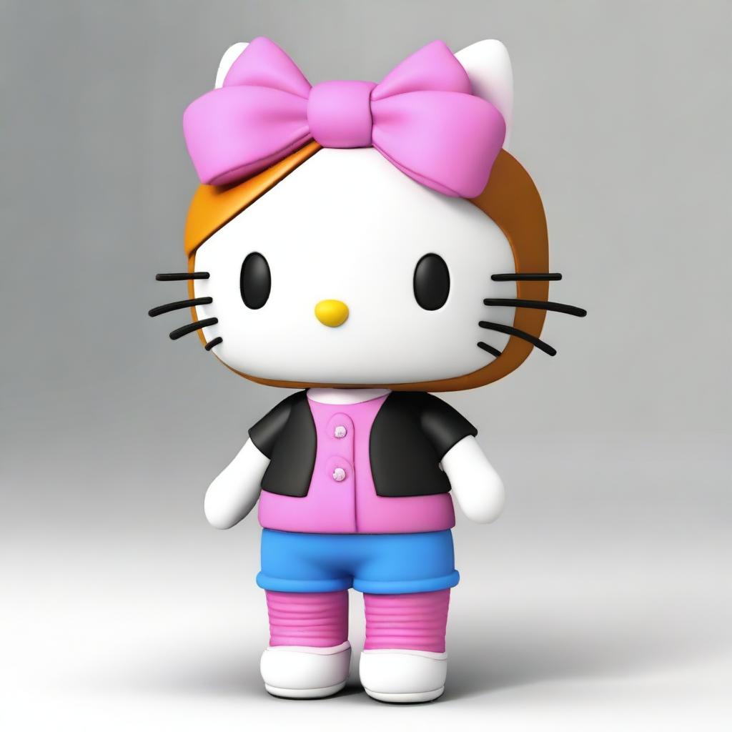 Create a 3D image of Hello Kitty wearing baggy jeans-colored pants and a short black skinny top, with ginger hair that is a little long