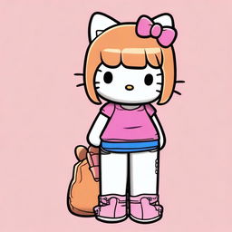 Create a 3D image of Hello Kitty wearing baggy jeans-colored pants and a short black skinny top, with ginger hair that is a little long