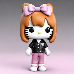 Create a 3D image of Hello Kitty wearing baggy jeans-colored pants and a short black skinny top, with ginger hair that is a little long