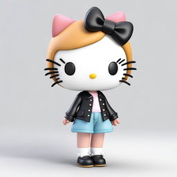 Create a 3D image of Hello Kitty wearing baggy jeans-colored pants and a short black skinny top, with ginger hair that is a little long