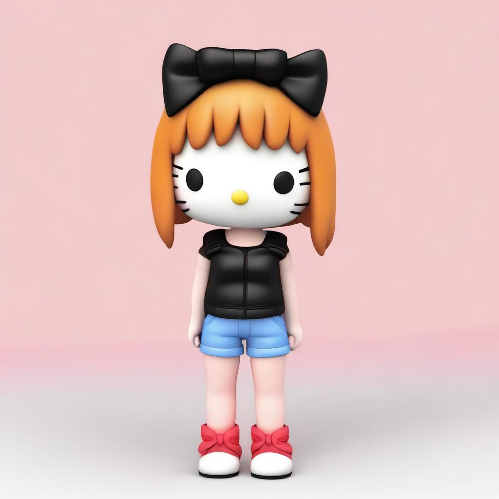 Create a 3D image of Hello Kitty wearing long baggy jeans-colored pants and a short black skinny top, with ginger hair that is a little long