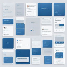 Create a professional moodboard for a corporate group chat website, utilizing a color palette of various blue shades, grey, and white. Include sleek interface designs, corporate icons and appropriate typography.