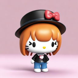 Create a 3D image of Hello Kitty wearing long baggy jeans-colored pants and a short black skinny top, with ginger hair that is a little long