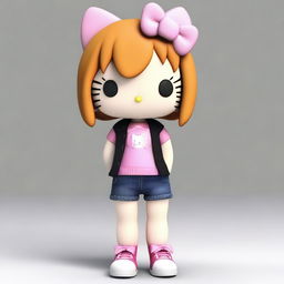 Create a 3D image of Hello Kitty wearing long baggy jeans-colored pants and a short black skinny top, with ginger hair that is a little long