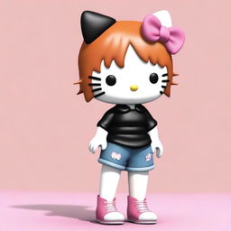 Create a 3D image of Hello Kitty wearing long baggy jeans-colored pants and a short black skinny top, with ginger hair that is a little long