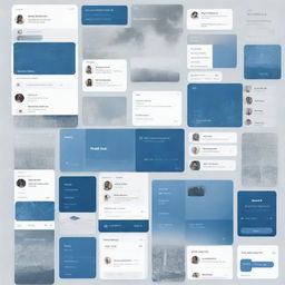 Create a professional moodboard for a corporate group chat website, utilizing a color palette of various blue shades, grey, and white. Include sleek interface designs, corporate icons and appropriate typography.