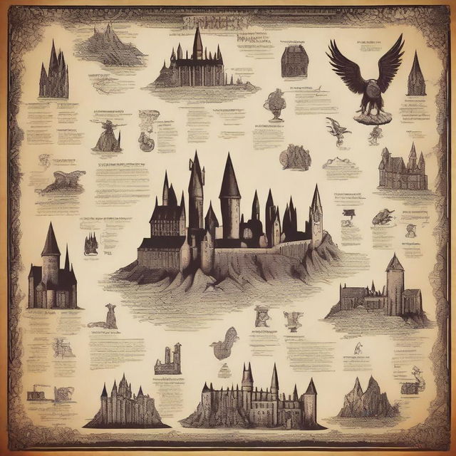 A detailed movie poster featuring Harry Potter, showcasing iconic elements from the series such as Hogwarts, magic wands, and mystical creatures