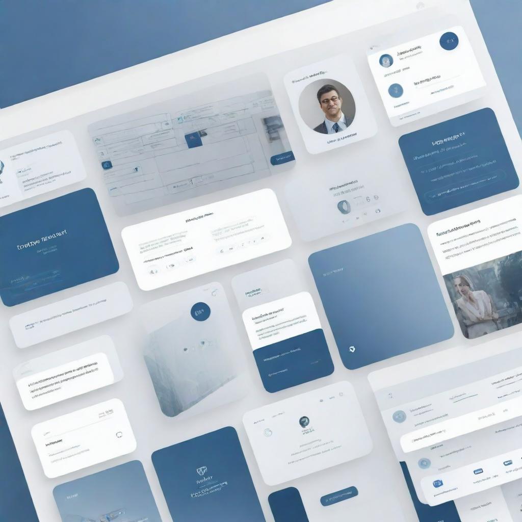 Create a professional moodboard for a corporate group chat website, utilizing a color palette of various blue shades, grey, and white. Include sleek interface designs, corporate icons and appropriate typography.