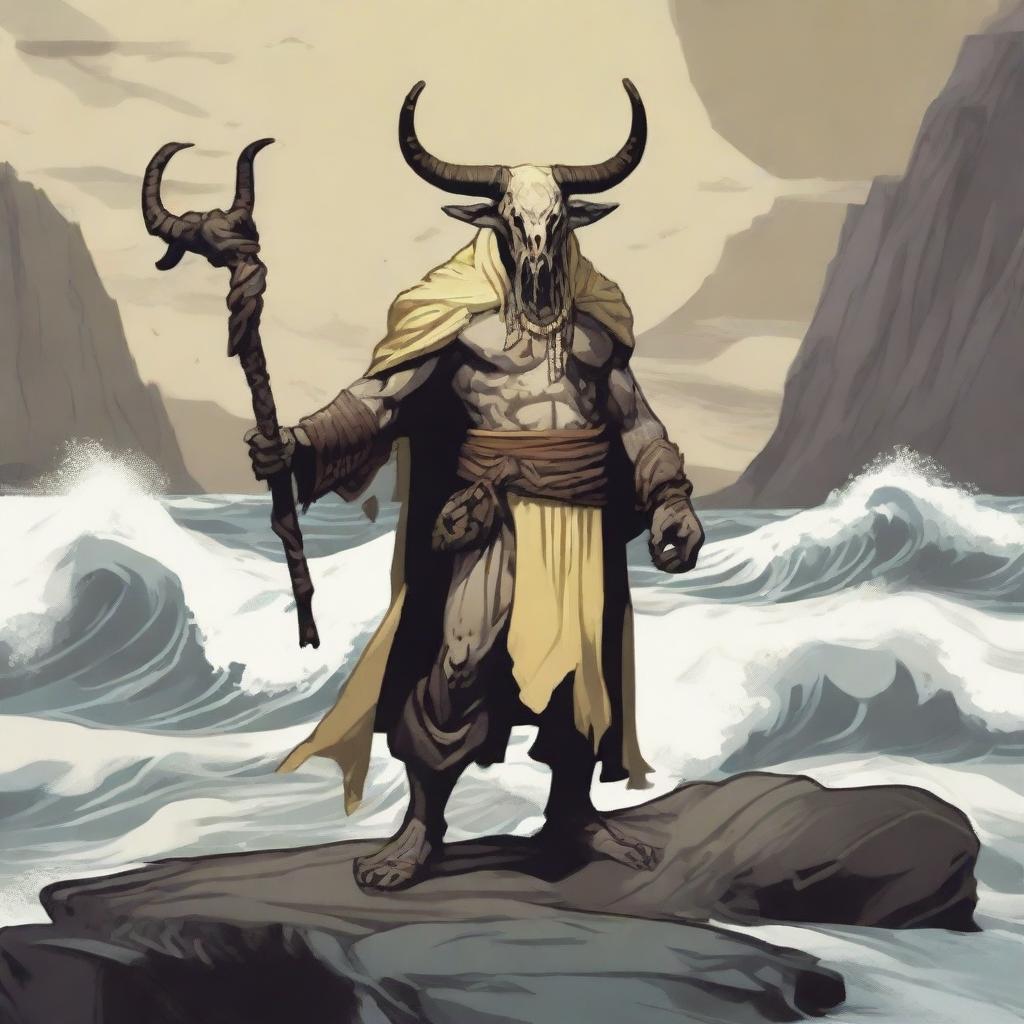 A D&D sea cultist with a slim body and Oni horns that resemble an ox's, colored in pale yellow and muddy tones